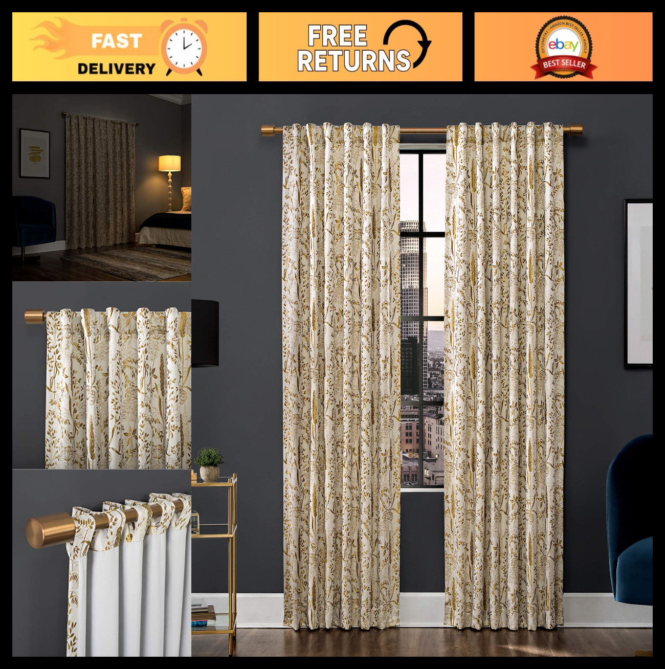 Shimmering Floral Total Blackout Curtain Panel, 52″ x 96″, Elegant Gold Design
