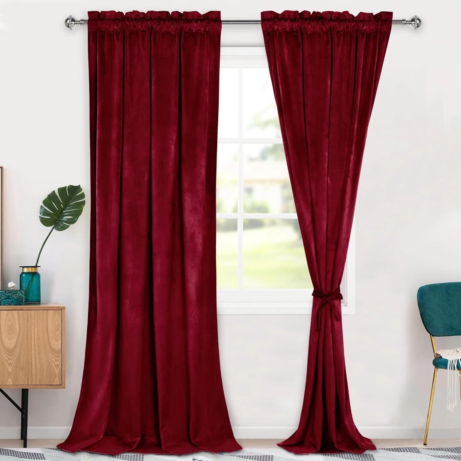 96 inches,Red Velvet Curtains,Blackout Thermal Insulated Solid Soft,Bedroom Li..