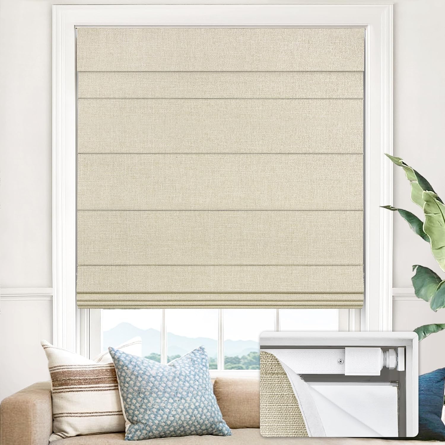 No Drill Cordless Roman Shades, 33×60 in, Beige | 100% Blackout Fabric, UV