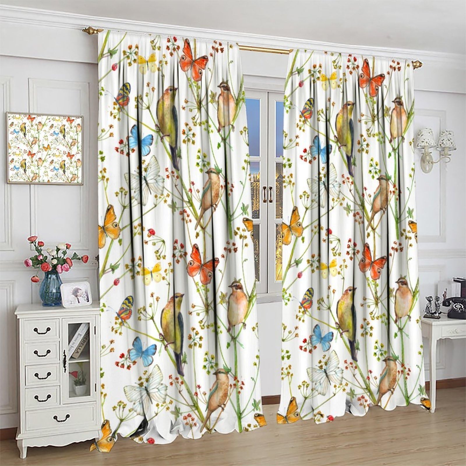 Spring Flowers Birds Curtains Patterns Colorful Butterfly Nature Landscape Wi…