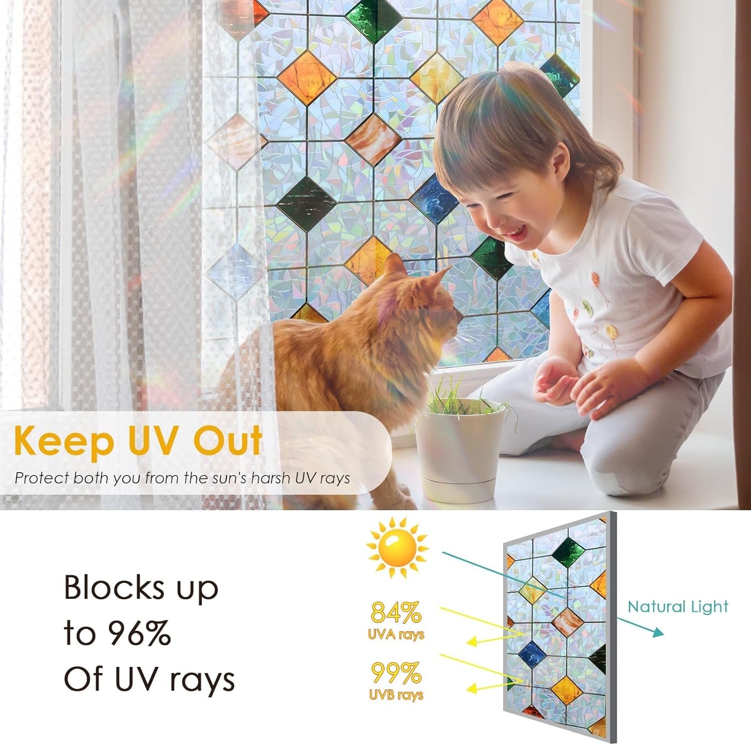 DKTIE Colorful Gem Lattice Pattern Decorative Window Privacy Film Rainbow Staine