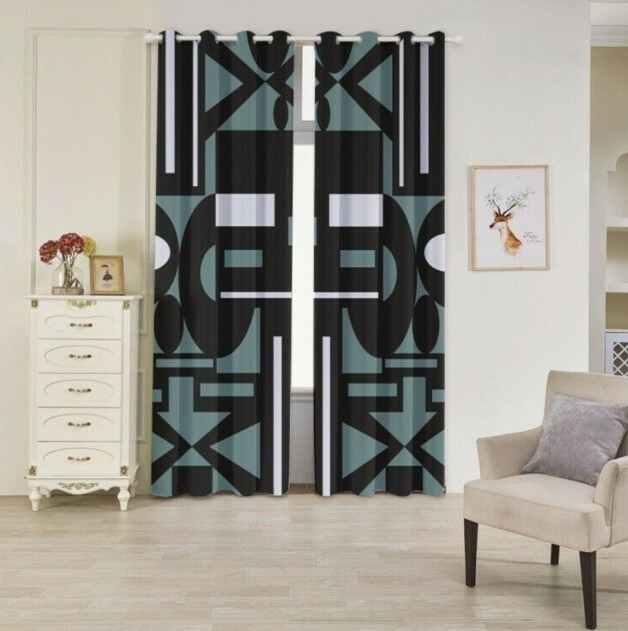 Abstract Geometric Square Contemporary Window Door Balcony Curtain 2 Panels Set