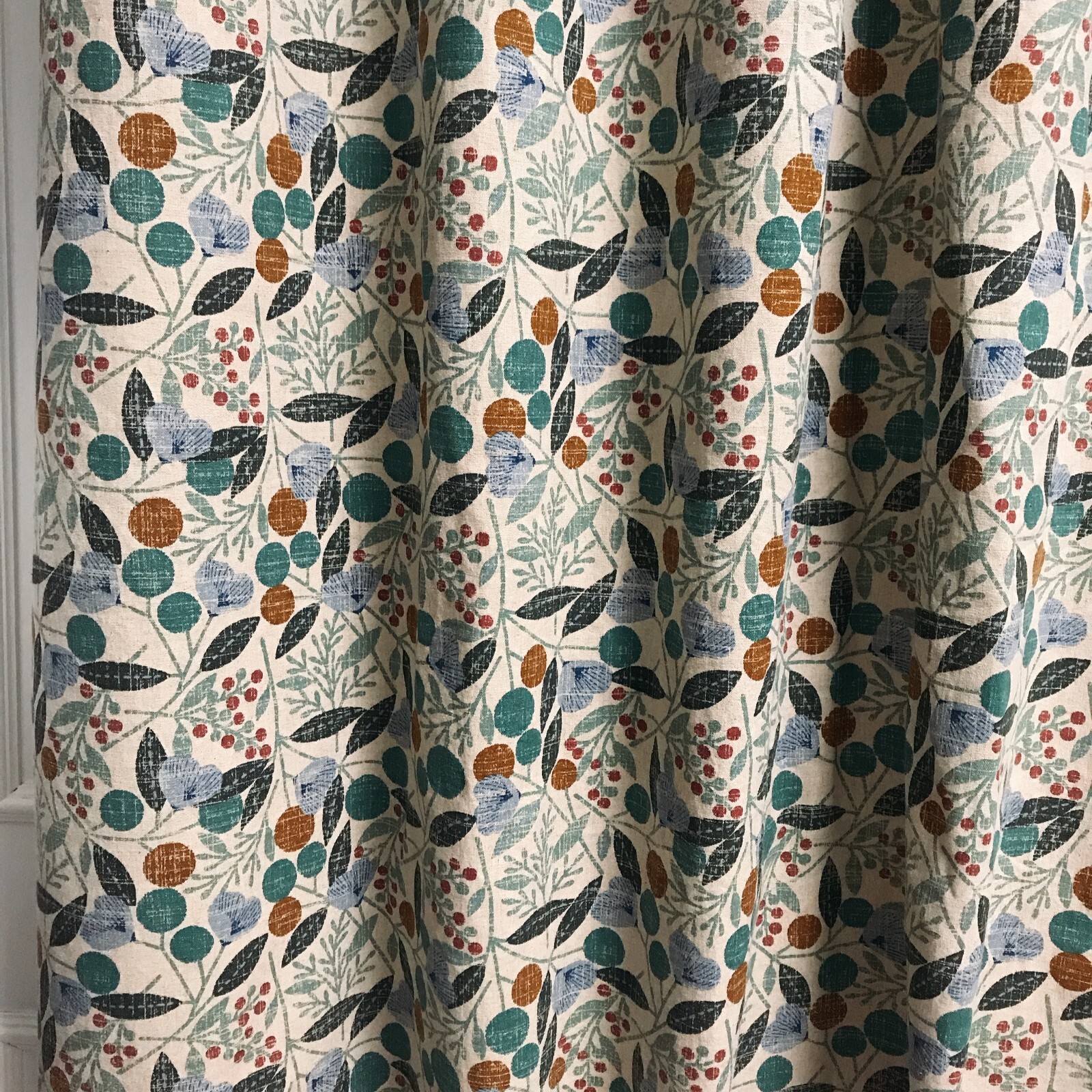 Modern Vintage Handmade Teal Cherry Blossom Pattern Natural Beige Curtain Panels
