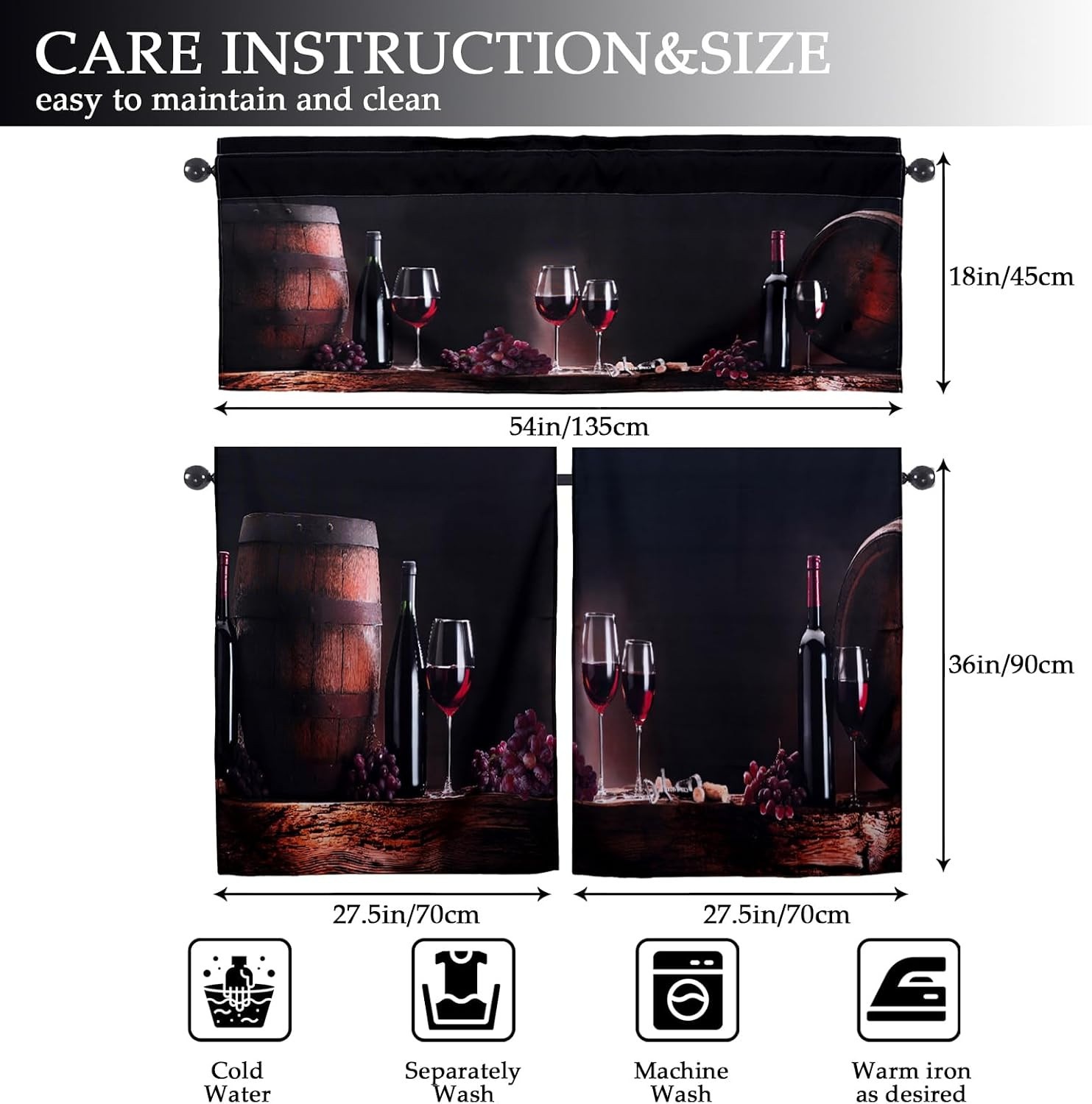 Wine Kitchen Curtains and Valances Set – 3 Piece Kitchen Curtains 36 Inch