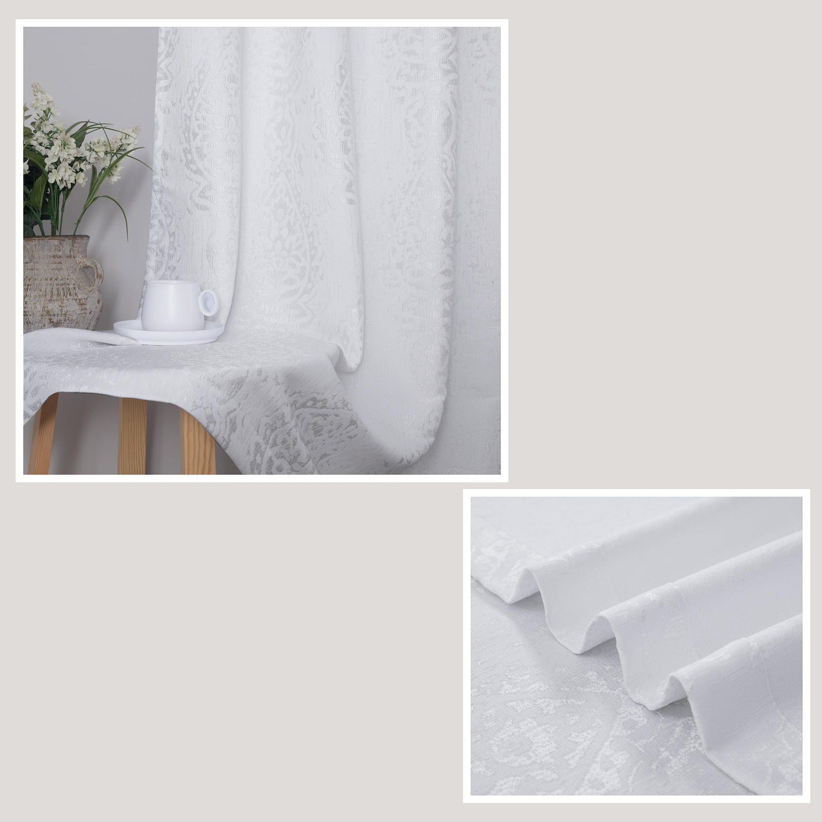Mrs.Naturall White 96″ Damask Pattern Curtains for Living Room