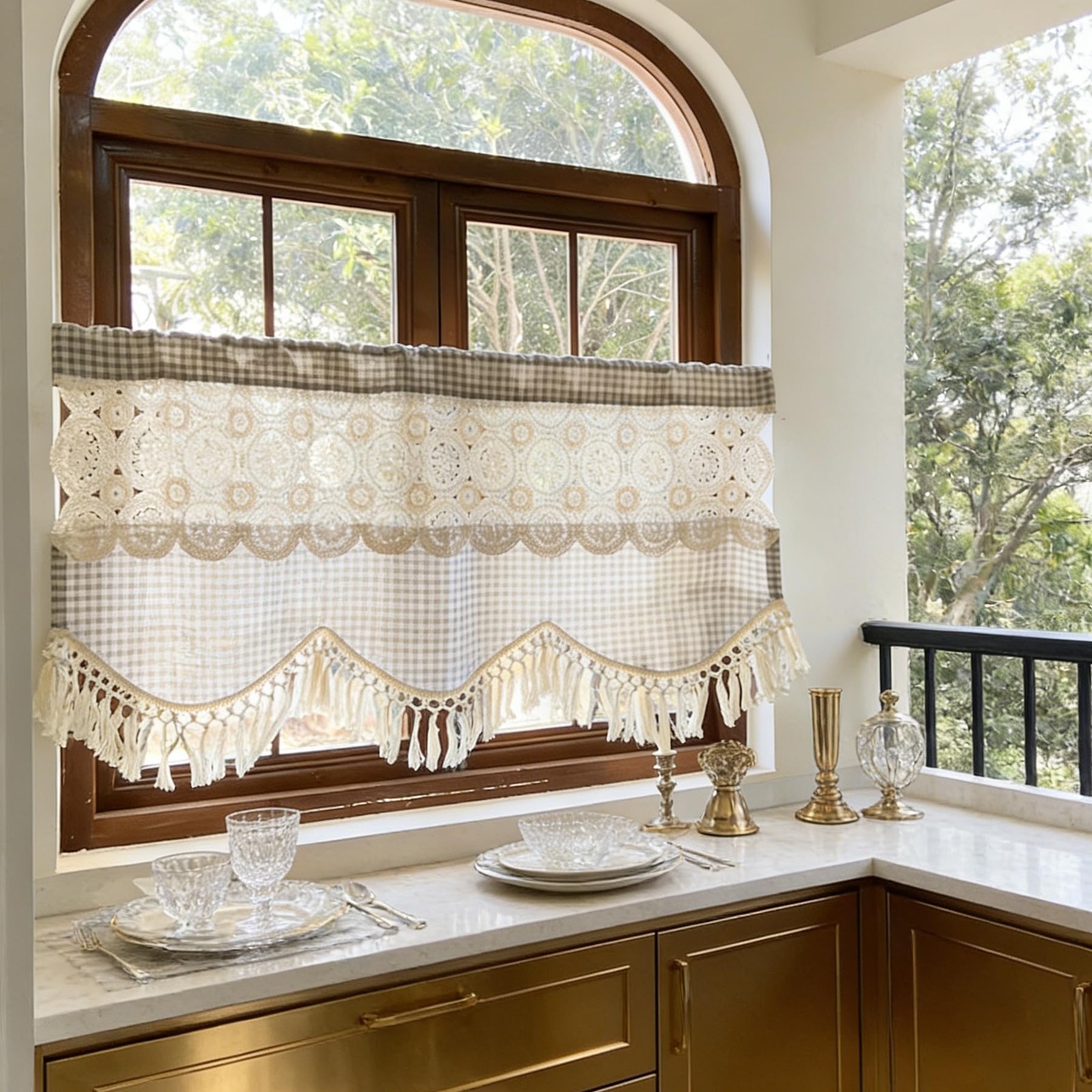 Boho Macrame Linen Knitted Lace Curtain Valance for Window Kitchen