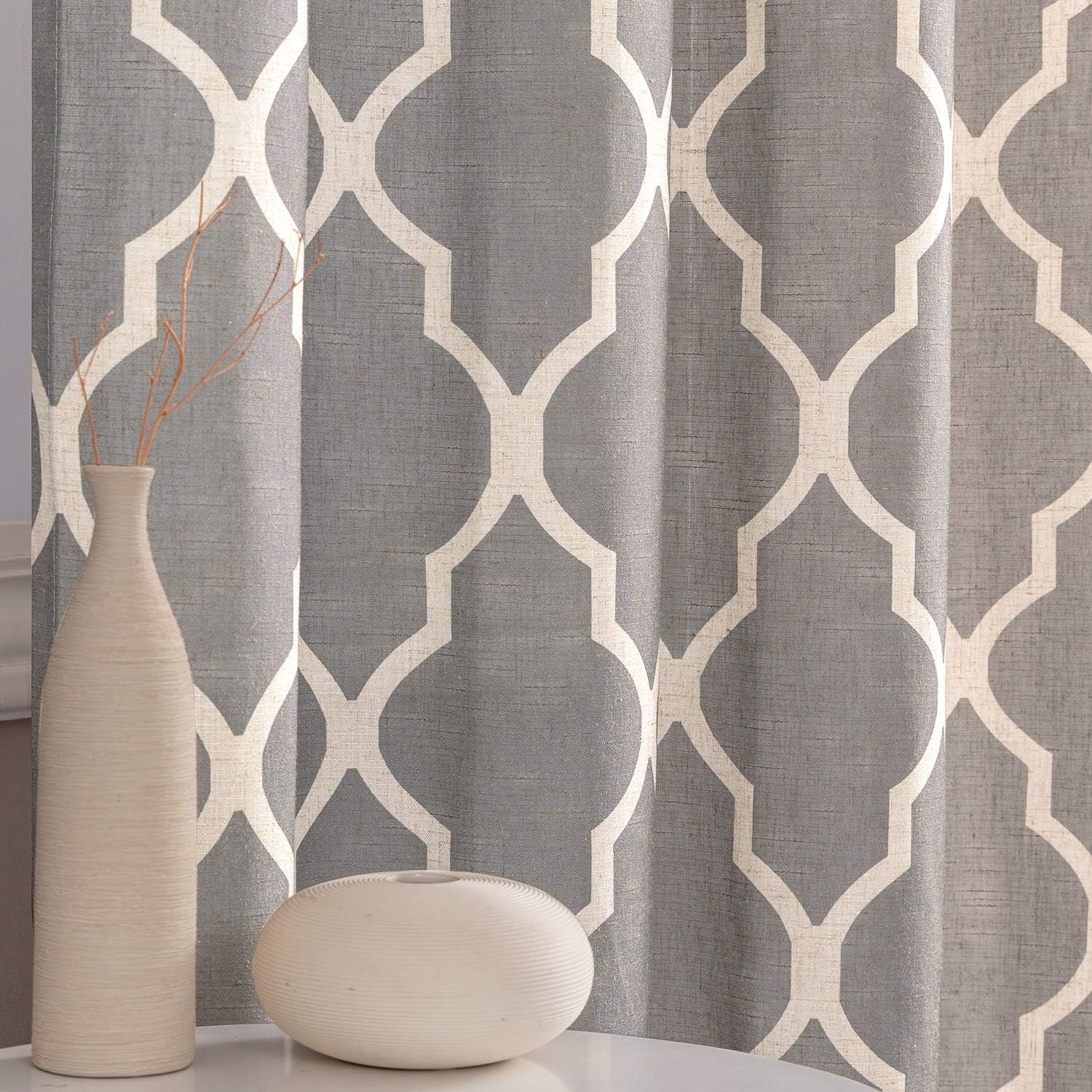 Moroccan Tile Curtains Living Room 2 Panels Charcoal Gray Linen Light Filtering