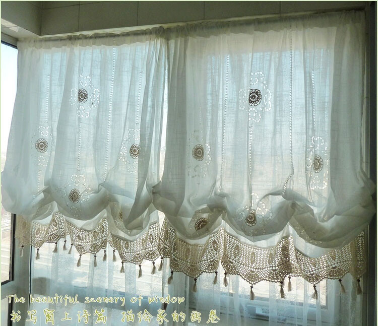 Pastoral Adjustable Shade Balloon Curtain Combined Hand Crochet White 1 Panel