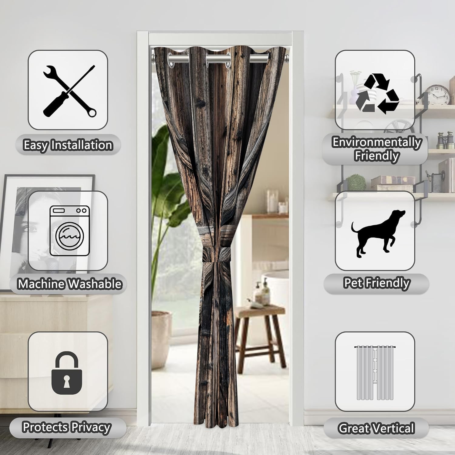 Wooden Barn Doors Door Curtains for Doorways, Rustic Farmhouse Art Wood Blackout