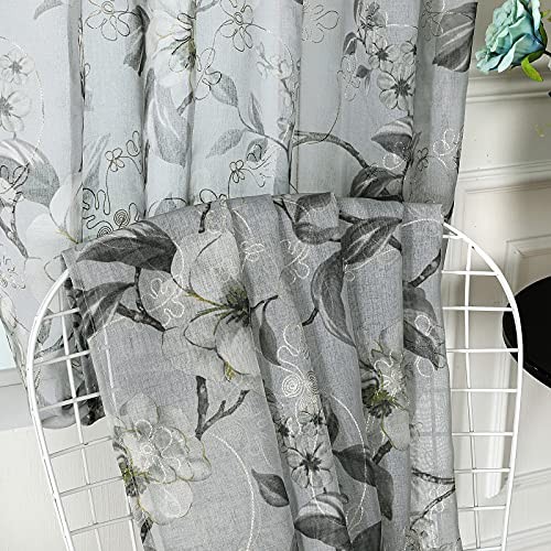Sheer Tier Curtains Grey Flower Leaf Printed Floral Embroidered Half Window
