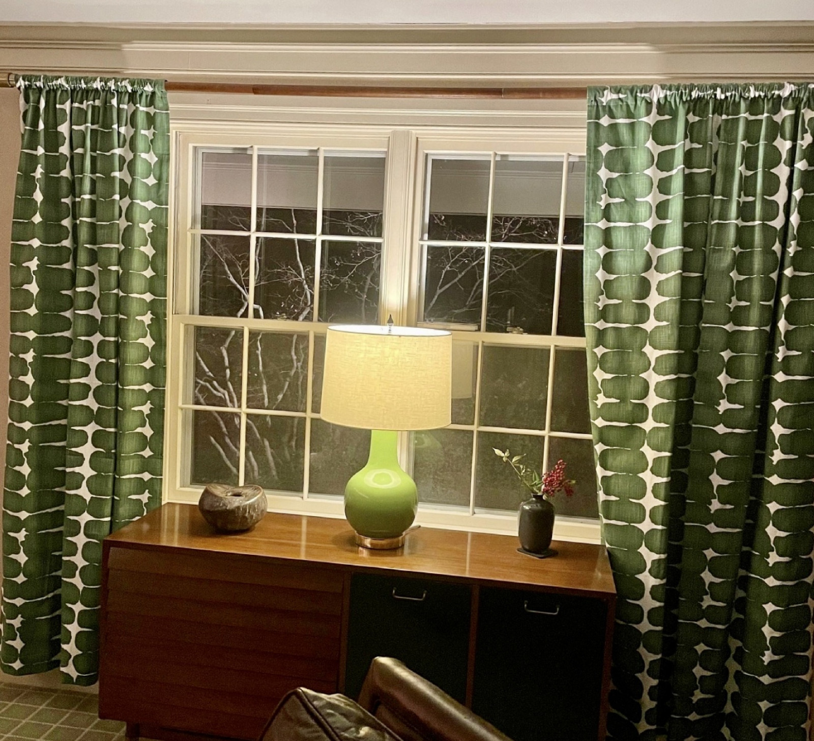 Curtains Made in the USA, Shibori Dot Green, Medium Weight Cotton Slub