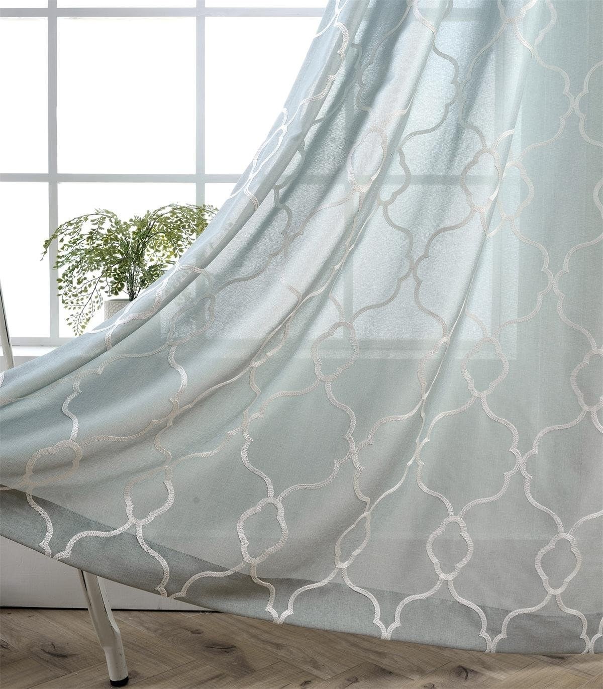 Luxurious Moroccan Embroidered Semi-Sheer Curtains – Sea Foam, 52×63 In (Pair)