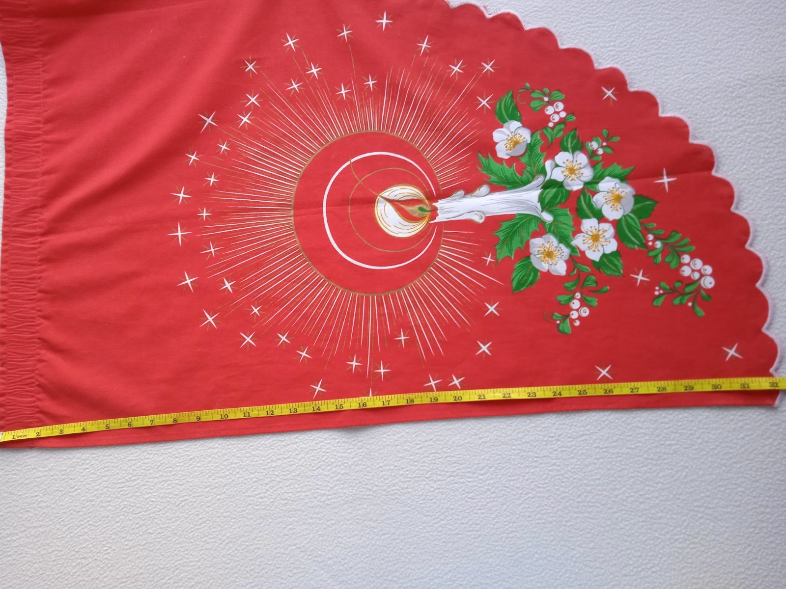 Vintage Christmas Red Cotton Valance with Candle & Flower Pattern Made in Brazil