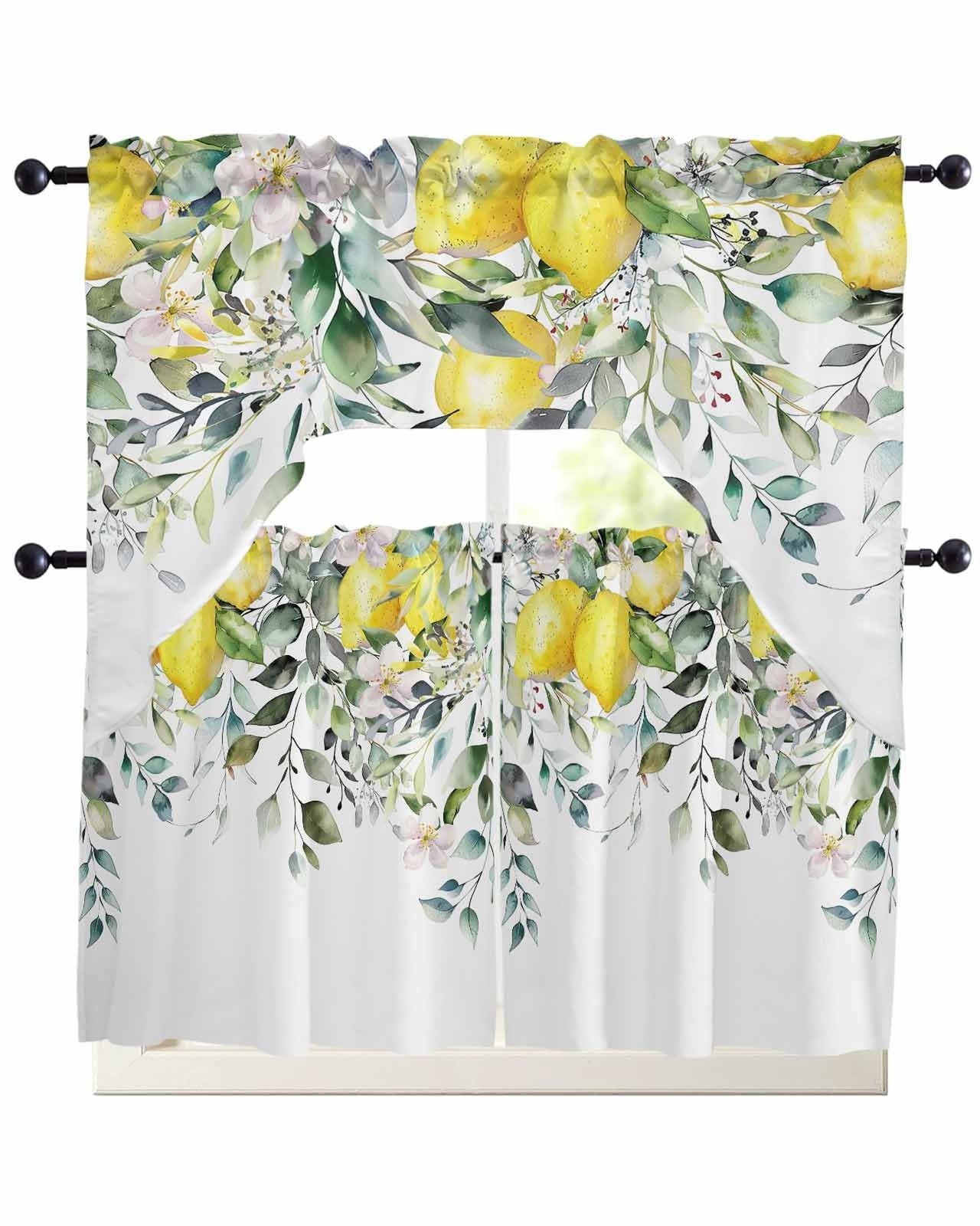 Kitchen Curtains Sets 24 Inch Length with Valance, Lemon Floral Nature Design…