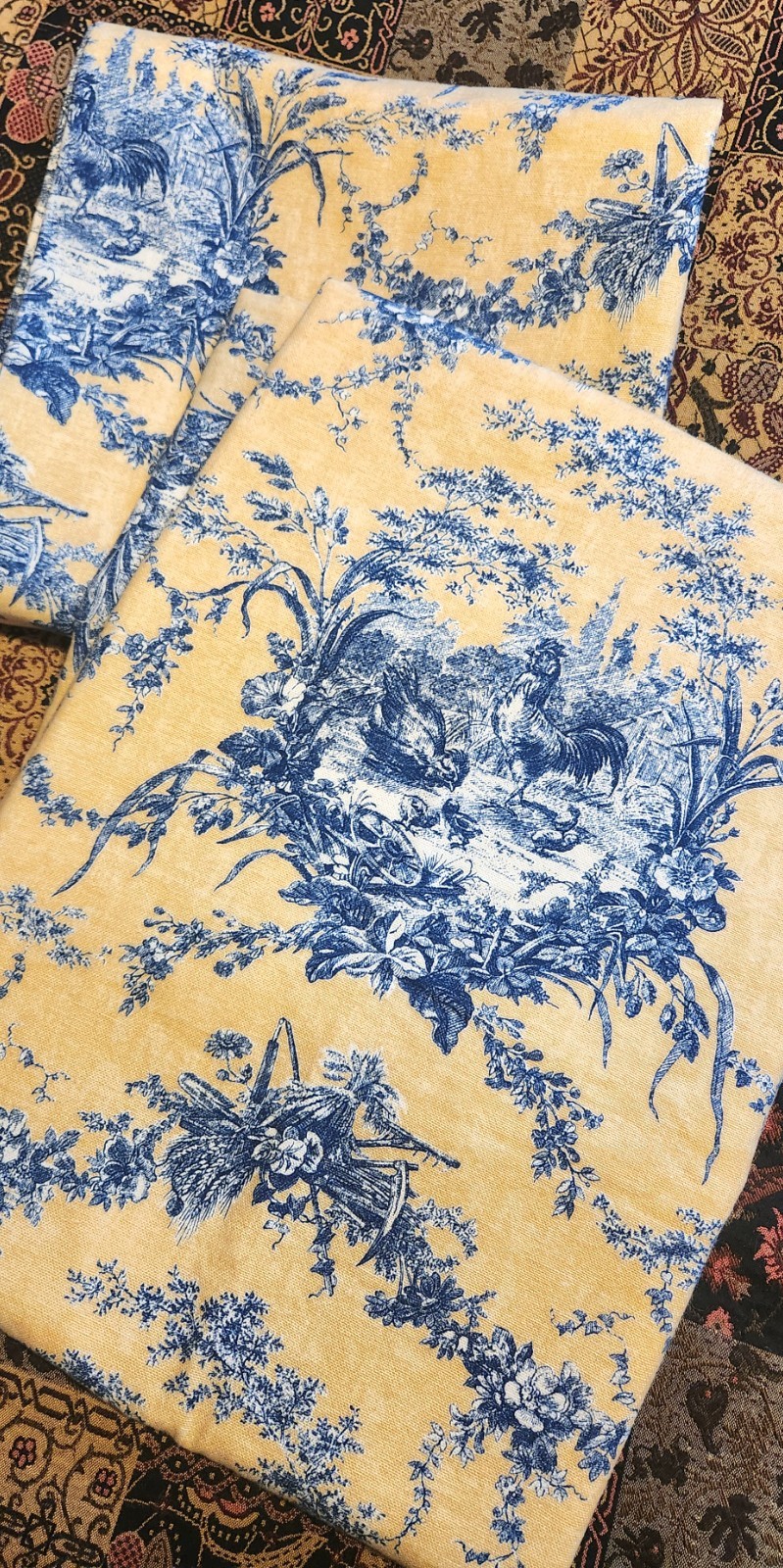 VINTAGE Yellow/Blue FRENCH TOILE Curtains 100% COTTON Fully Lined 51″L/50″W