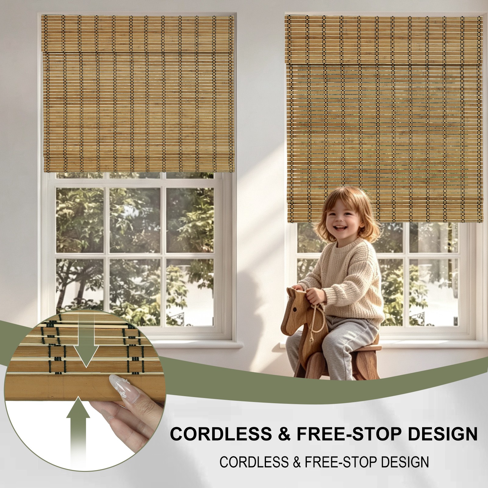Changshade Cordless Bamboo Window Blinds Sun Shade, Light Filtering Roman Blinds