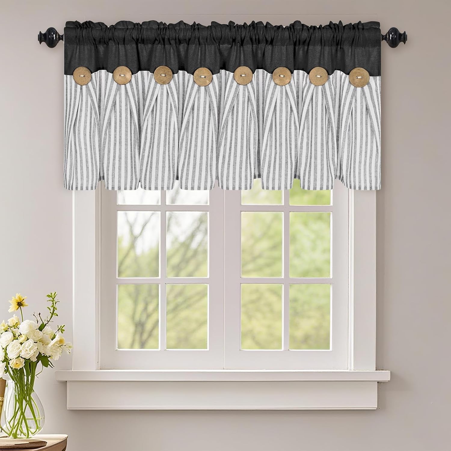 Cotton Linen Kitchen Valance Curtains, Boho Rustic Button Linen Valances for Win