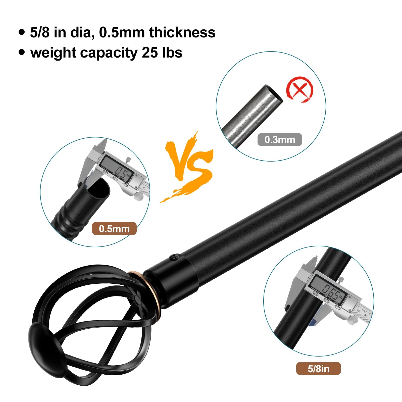 Black 5/8 Curtain Rod Set, 40-62 Inch, Twisted Cage Finials, Heavy Duty