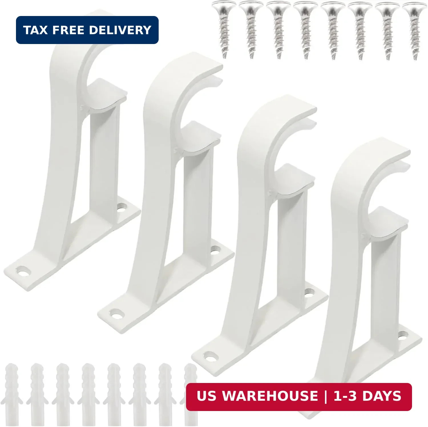 Curtain Rod Brackets for Wall, 4 Pack, White Curtain Rod Holders | for 1 Inch Dr
