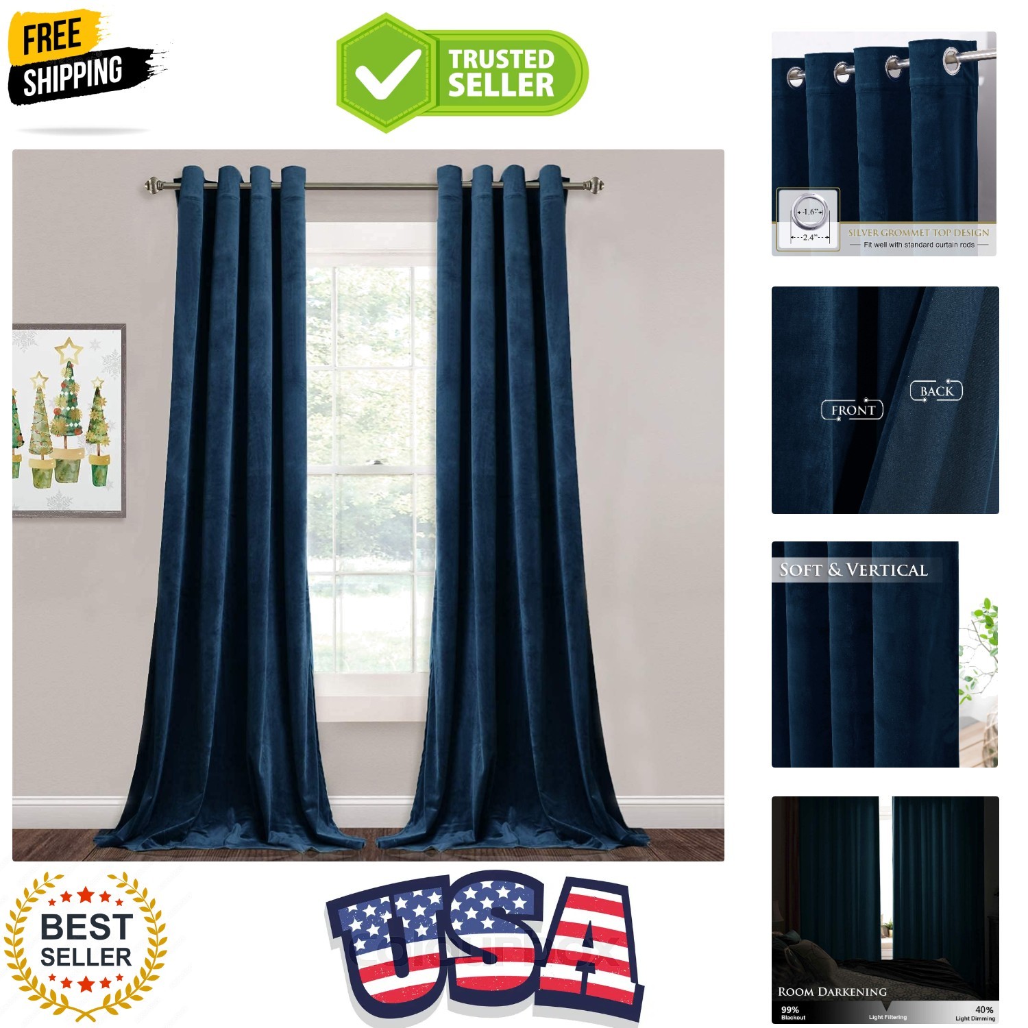 Velvet Blackout Curtains Navy – Luxury Blue Curtains Velvet Textured Panel Dr…