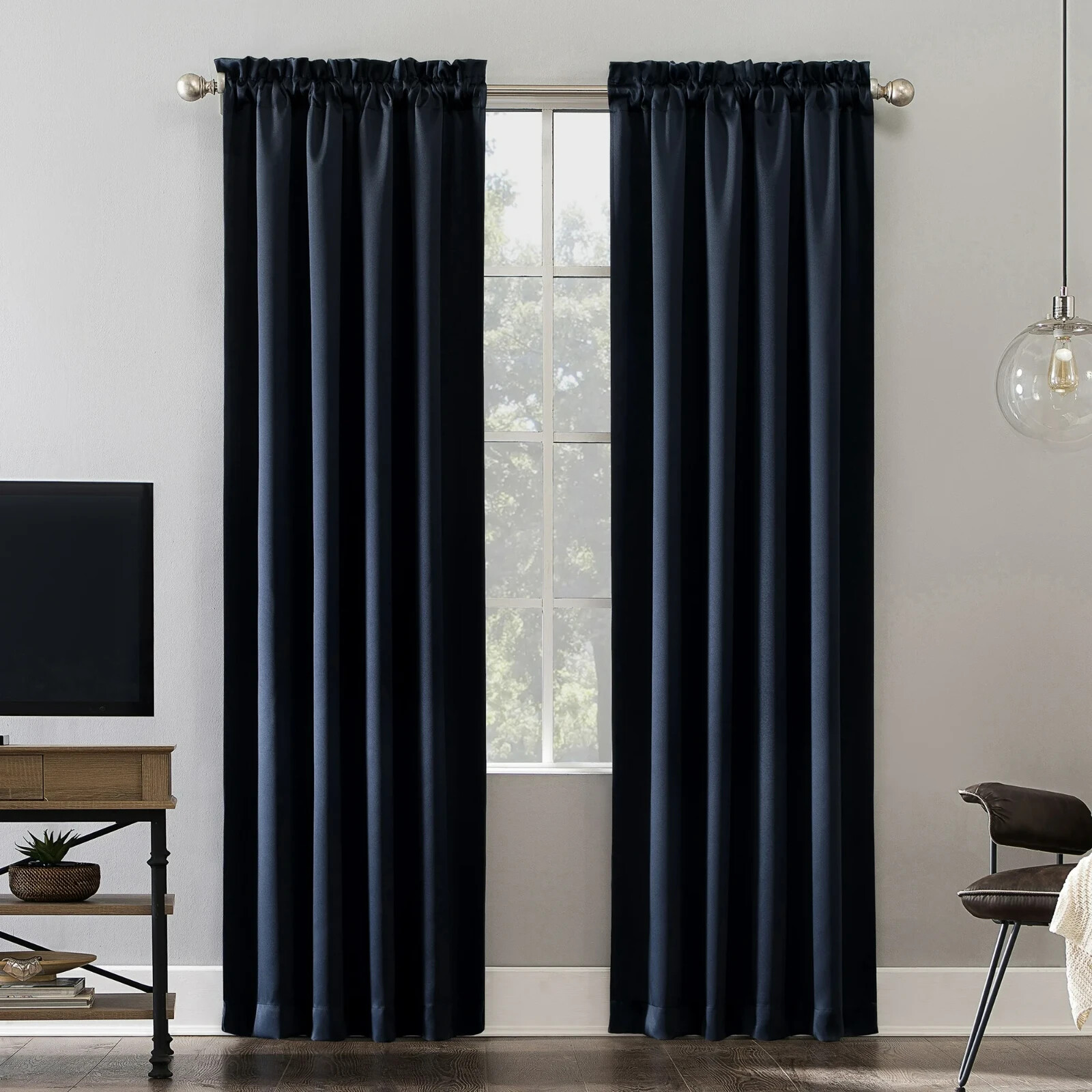 Sun Zero Barrow Navy Solid Rod Pocket Room Darkening Curtain – 54 in. x 84 in.