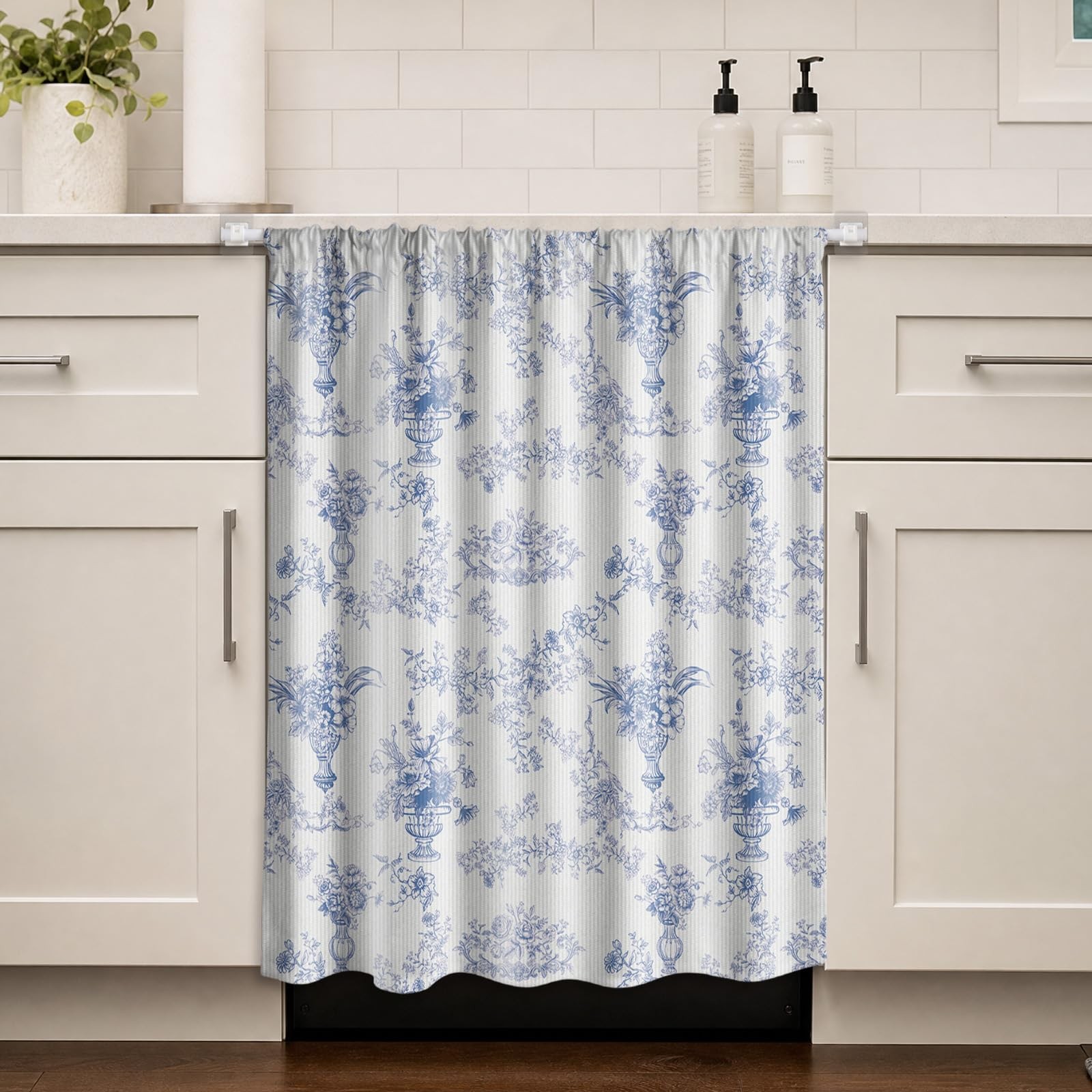 Dishwasher Curtain Cover Set, 39 x 35 Inch Blue Floral Cabinet Curtain with T…