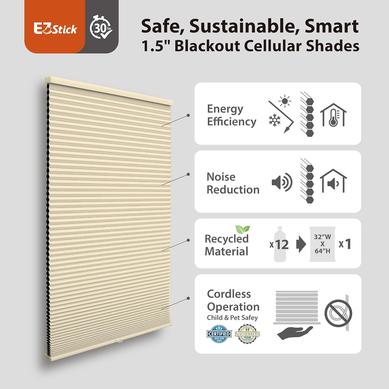 EZ Stick No Drill Cordless Blackout Cellular Shade 35″ W X 72″ H Alabaster