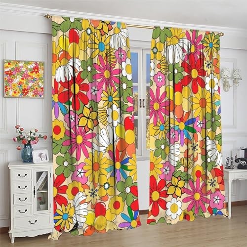 Boho Floral Vintage 70s Window Curtains, 20.5″W x 45″L (Pack of 2) Style-6