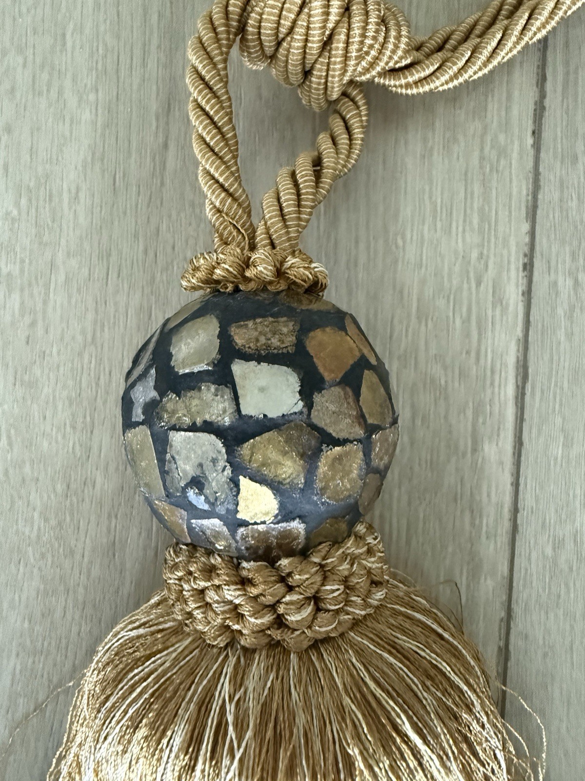 Vintage Decorative Curtain Tieback Gold Tone Rope Tassel with Mosaic Tile Accent