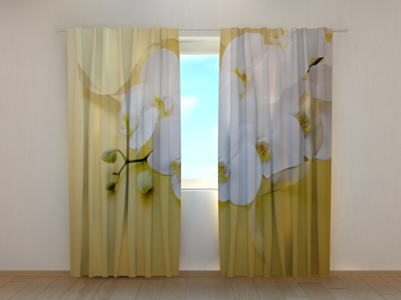 3D Curtain Printed White Orchids on Gold Background by Wellmira Made to Measure