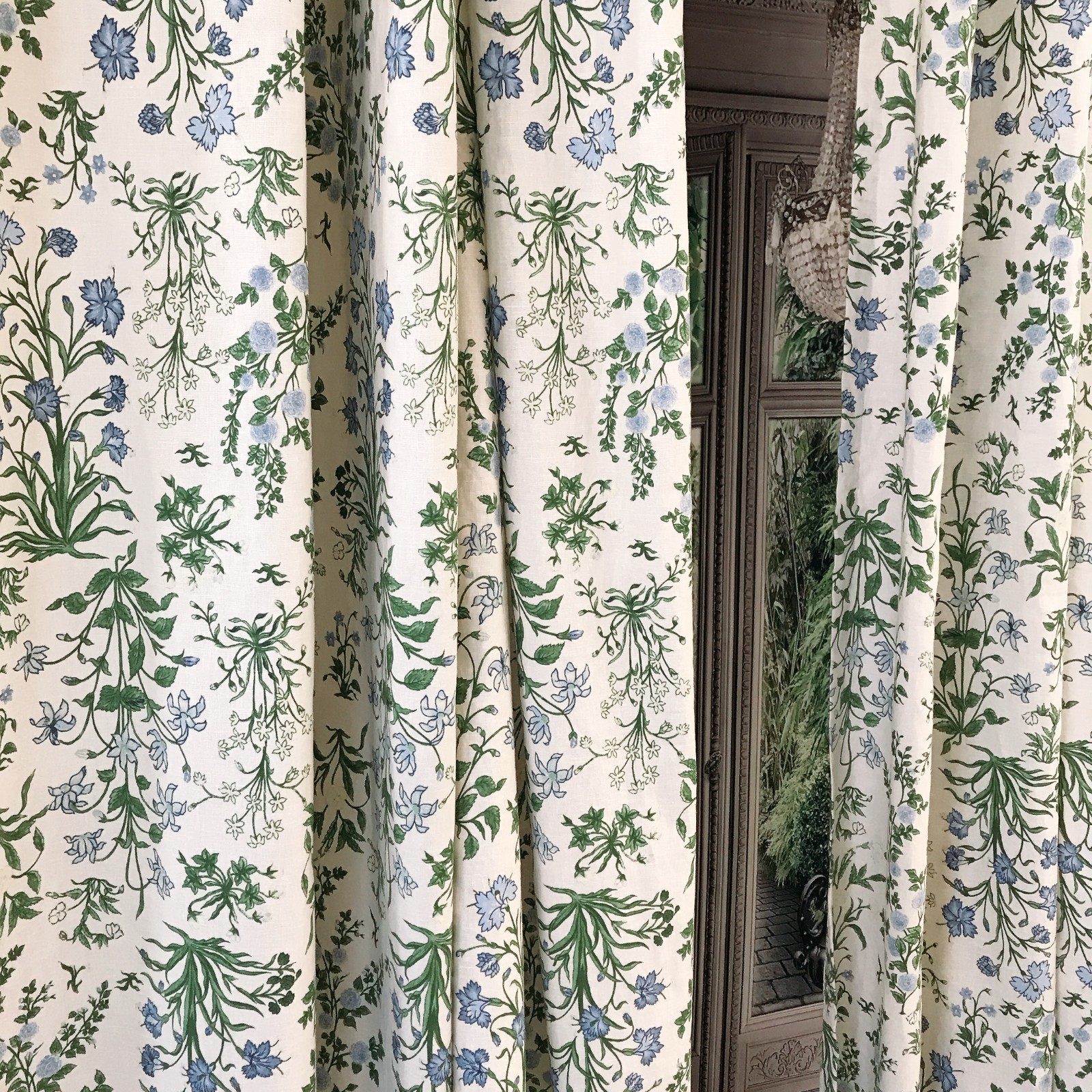 Handmade Linen Blend Floral Curtains Custom Blue Green Window Drapery Panels