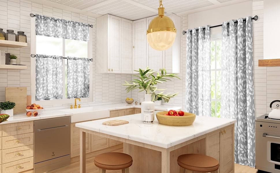 Grey White Kitchen Curtains 36″ Short Café Curtain Set for Windows Leaf Print…