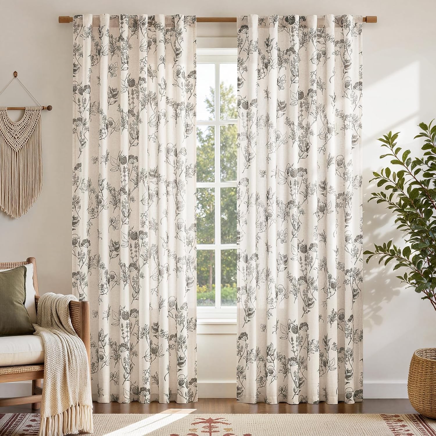 Vintage French Country Linen Curtains Floral Vanilla Printed Pattern Linen