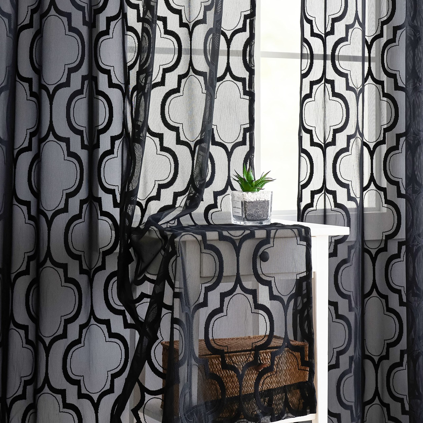 Geo Modern Lace Sheer Black Window Curtains 95 inch Long Moroccan Trellis Lig…