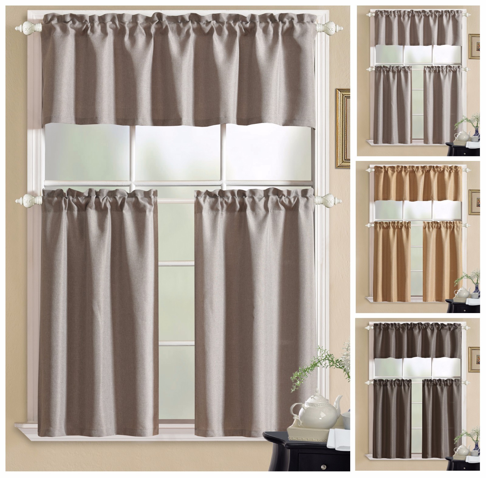 Aiking Home Fine Faux Linen 3PC Kitchen Curtain Set ( 1-Valance, 2-Tiers )