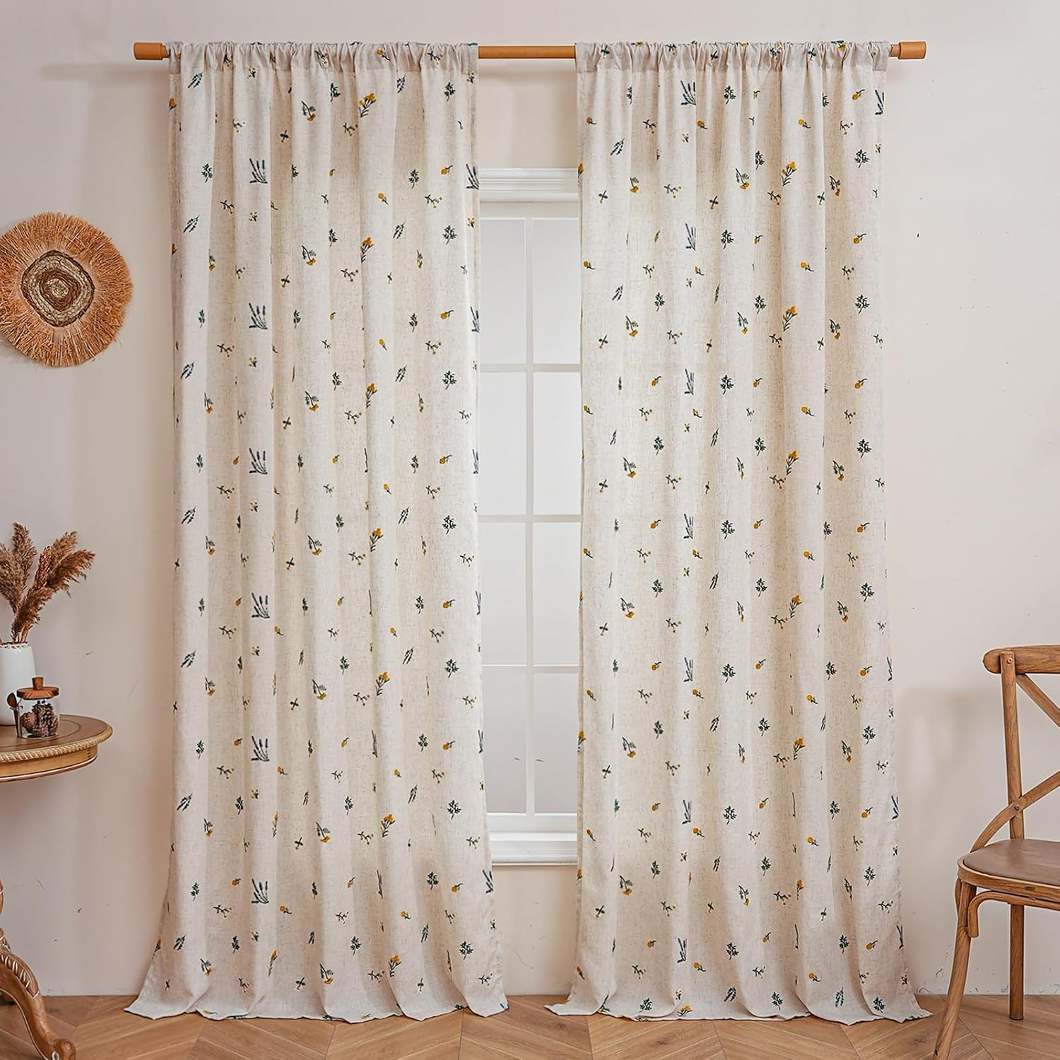 Linen Curtains 96 Inch Boho Drapes Daisy Embroidered Farmhouse Window