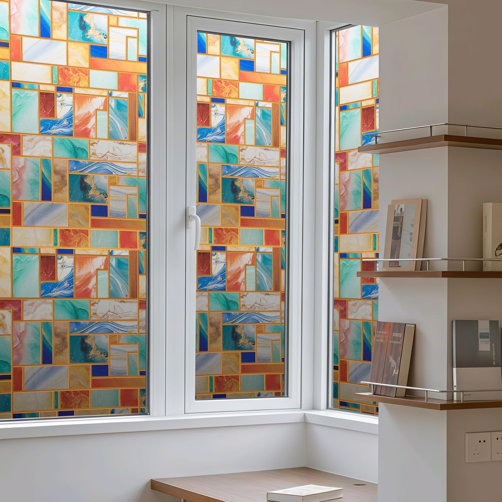 DKTIE Decorative Window Privacy Film with Vibrant Colored Pattern Stained Gla…