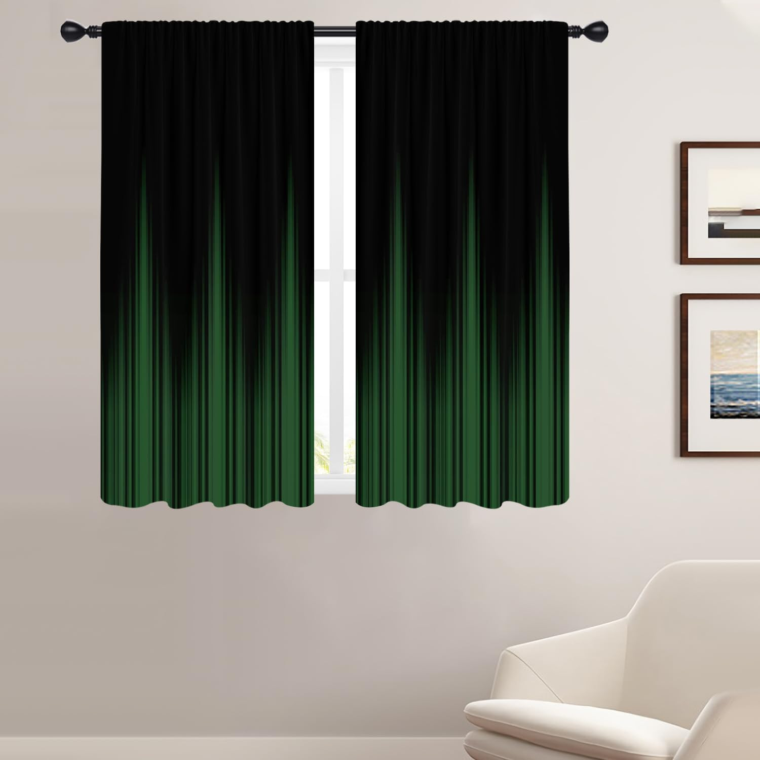 Black and Green Window Curtains for Bedroom 42 X 63 Inch Rod Pocket Dark Ombre G