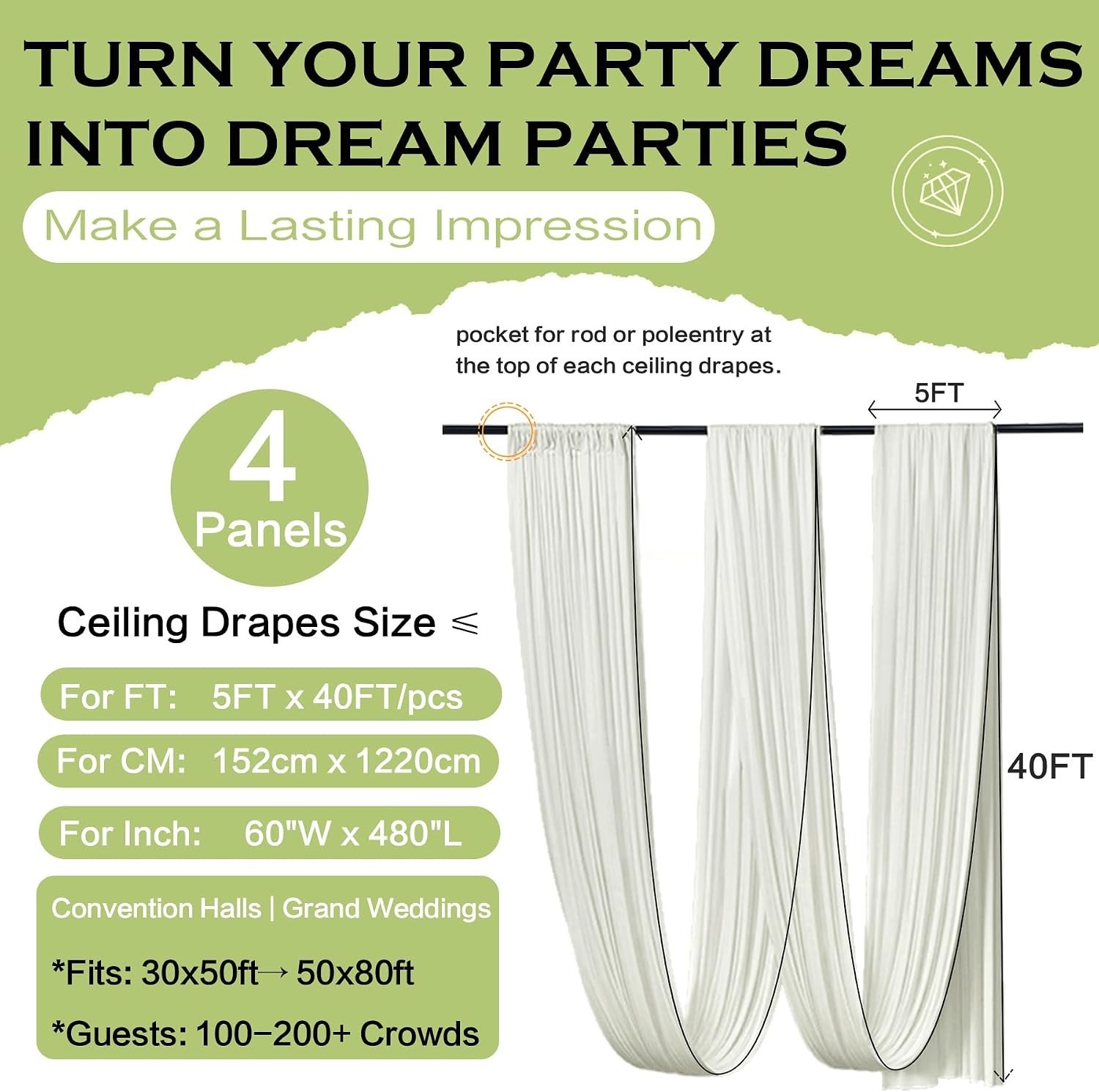 20ftx40ft Ivory Ceiling Curtain for Wedding Parties – 4 Panels Wrinkle-40 FT