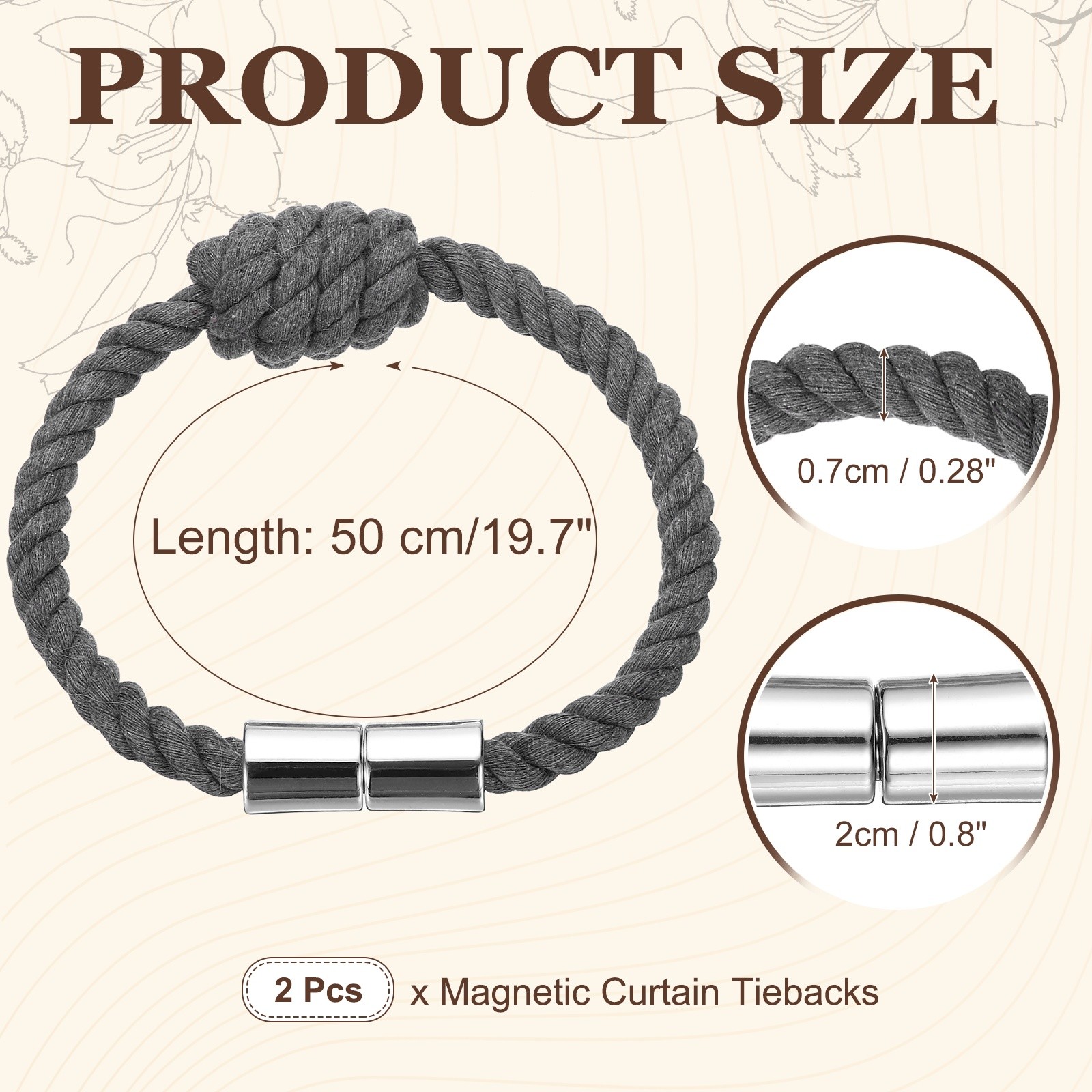 2Pcs Magnetic Curtain Tiebacks Elegant Weave Curtain Tie Backs Dark Grey,