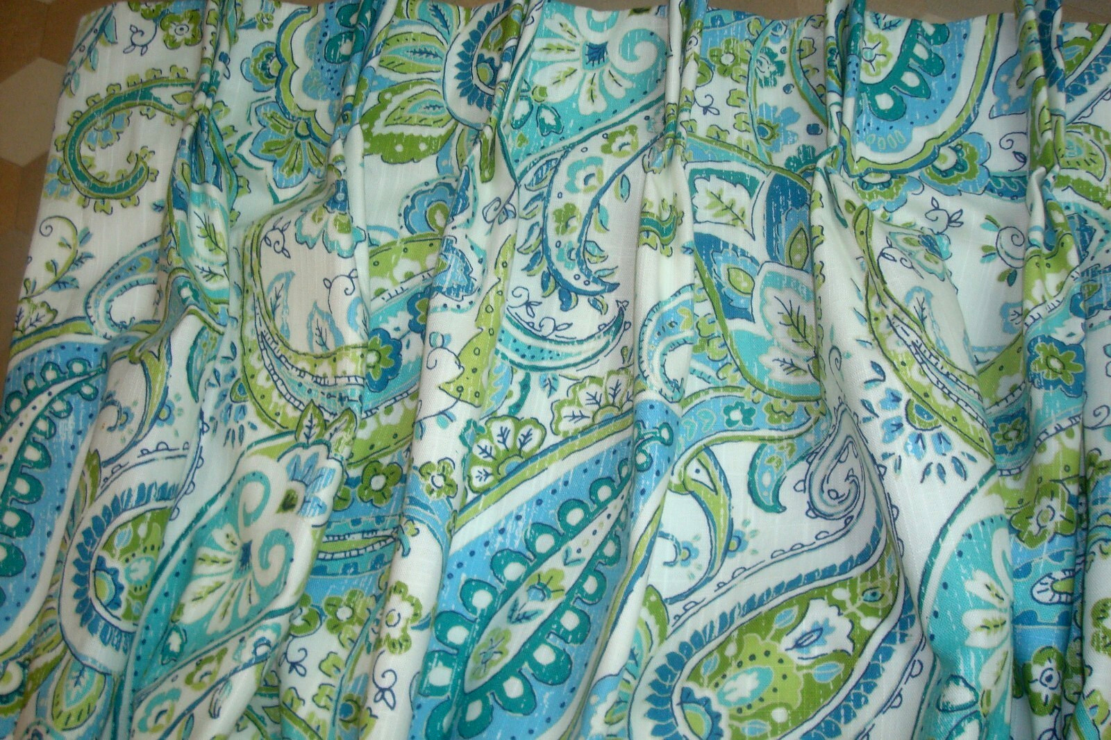 New One Pr Custom Drapes Pinch pleat Lined Peacock Paisley Blue green 90″ lg