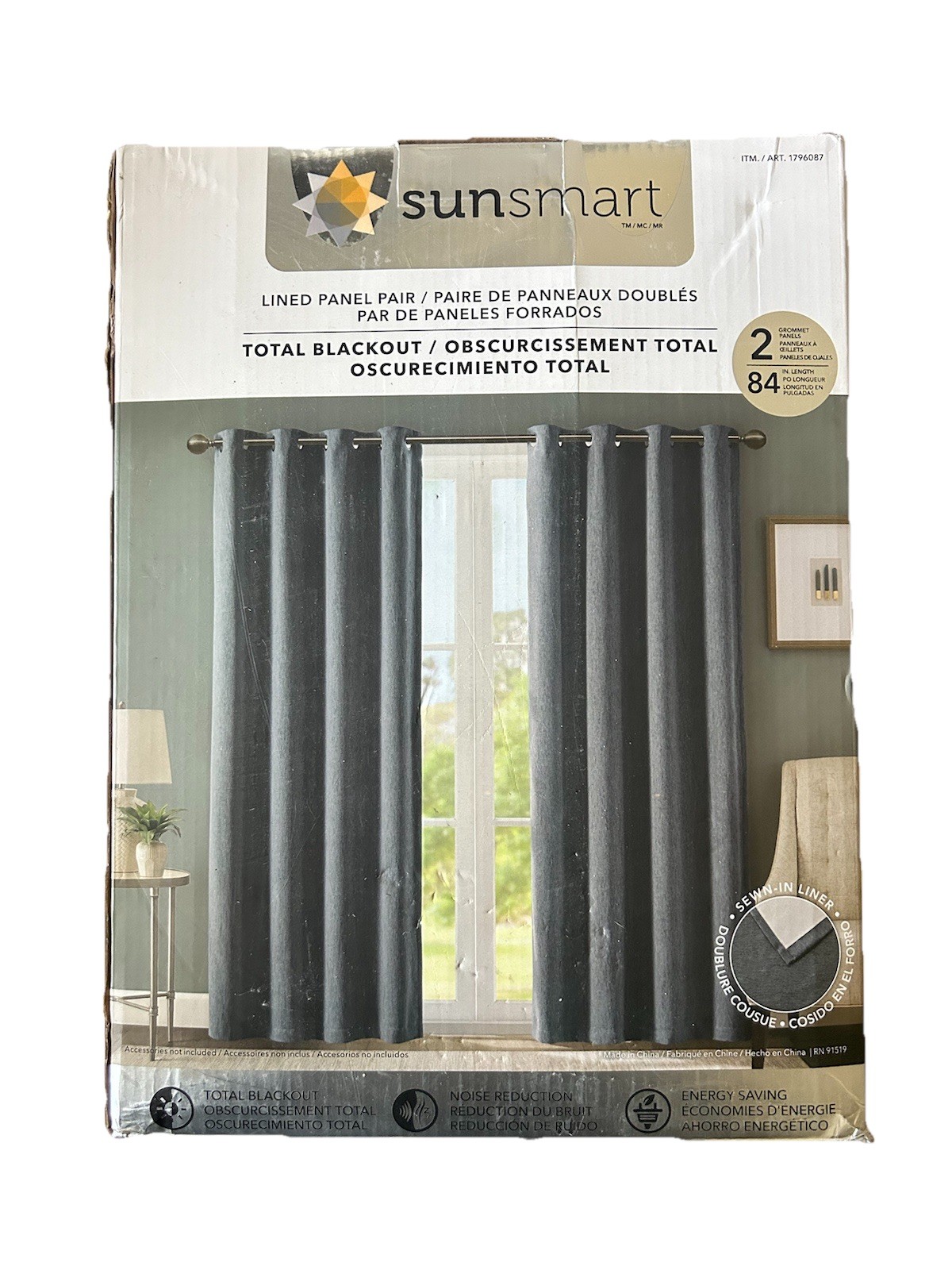 SunSmart Total Blackout Lined Panel Pair with Grommets, Indigo Blue 52” x 84”