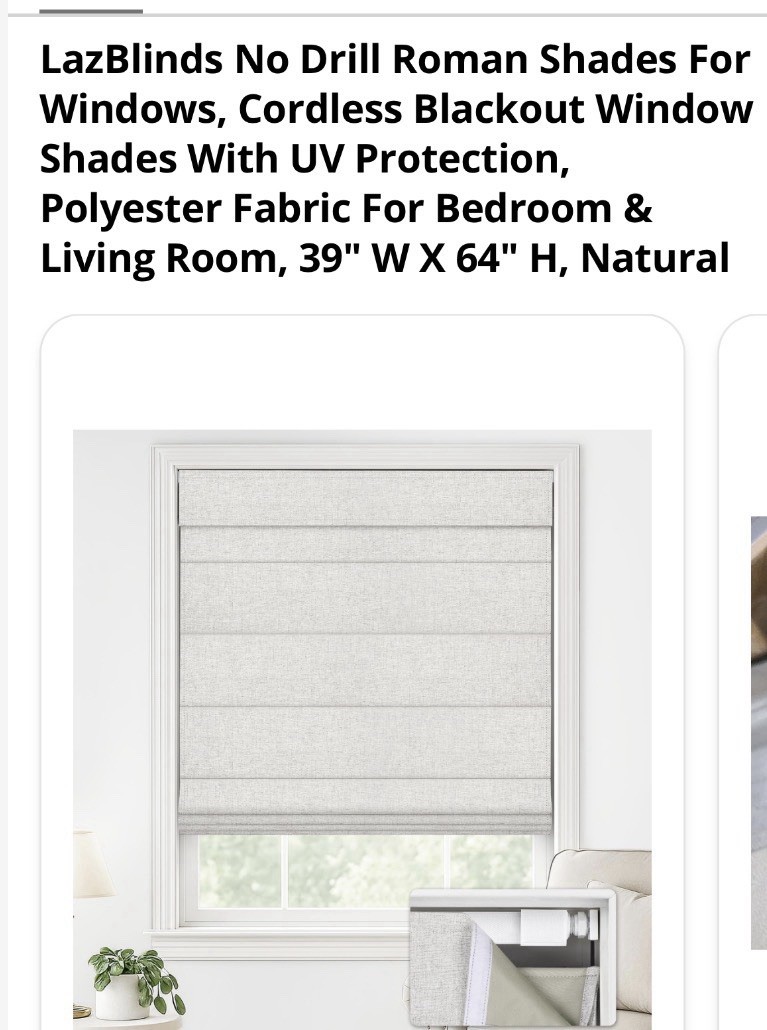LazBlinds Cordless No Drill Blackout Roman Shade 39″W x 64″H Natural