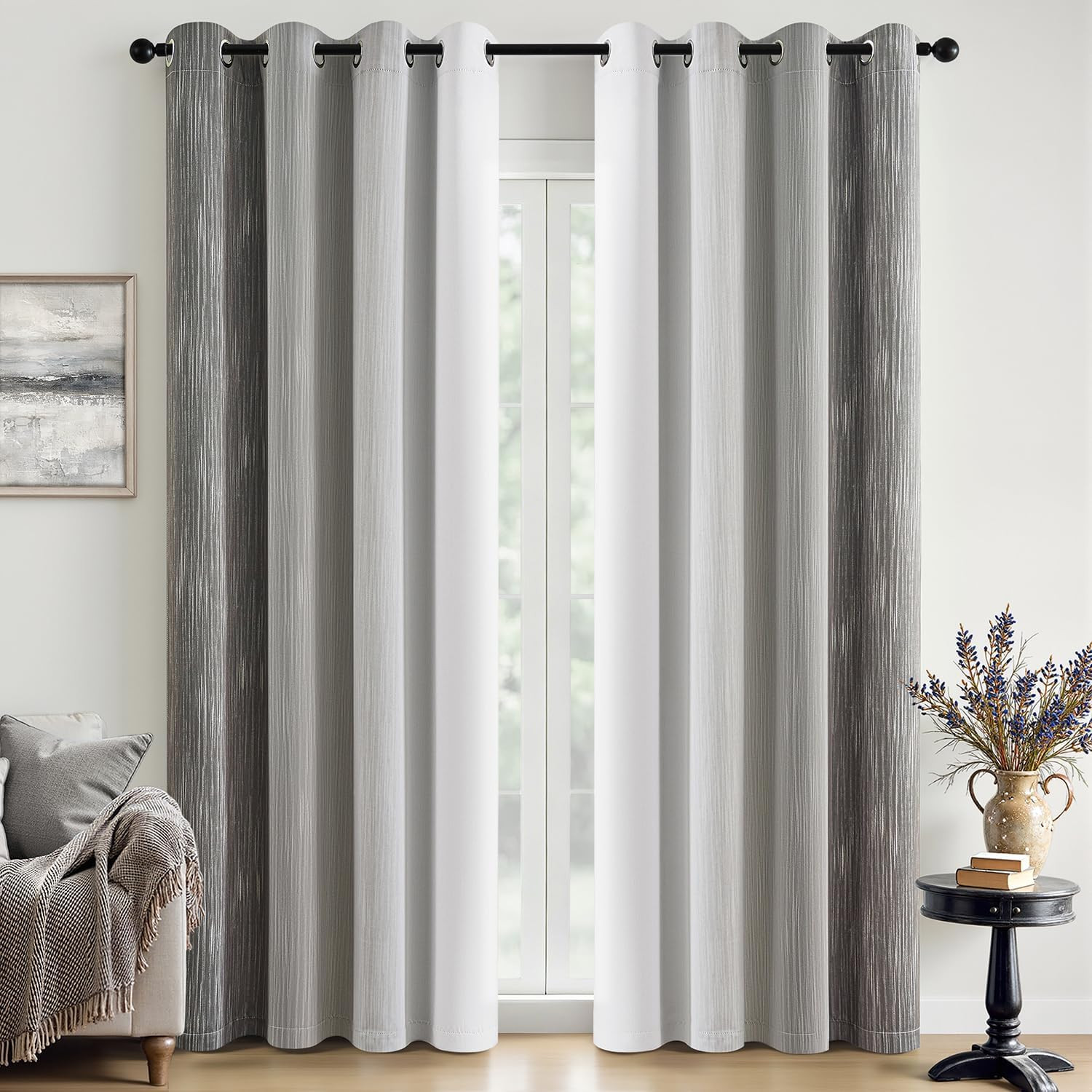 Grey and Greyish White Ombre Blackout Curtains, Full Room Darkening Thermal Insu