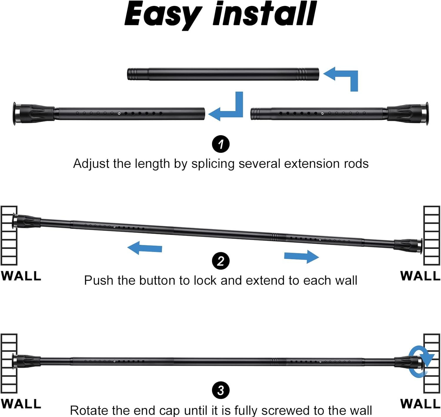Tension no drill or wall mounted drill shower Curtain closet Rod 60″~115″ Long
