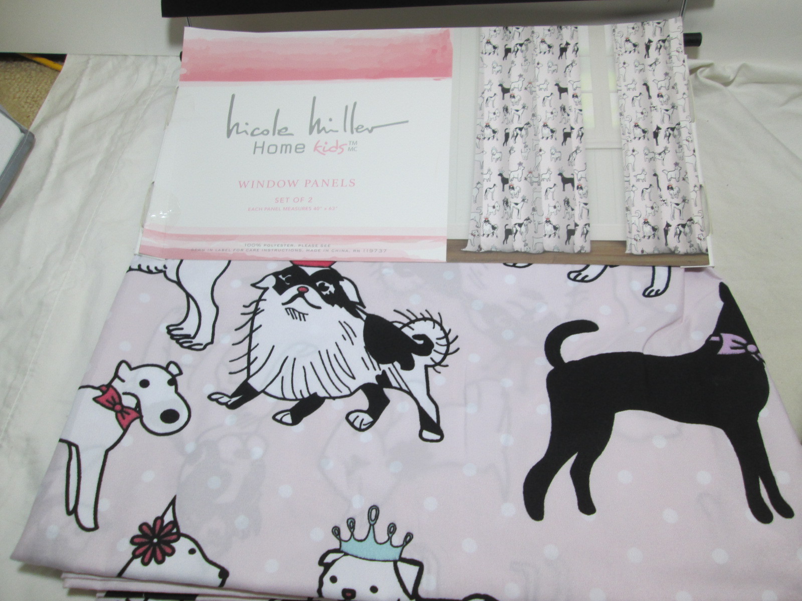 Nicole Miller Kids DOGS PUPPIES Window Panels 2- 40″x63 ~ Pink, Black, White