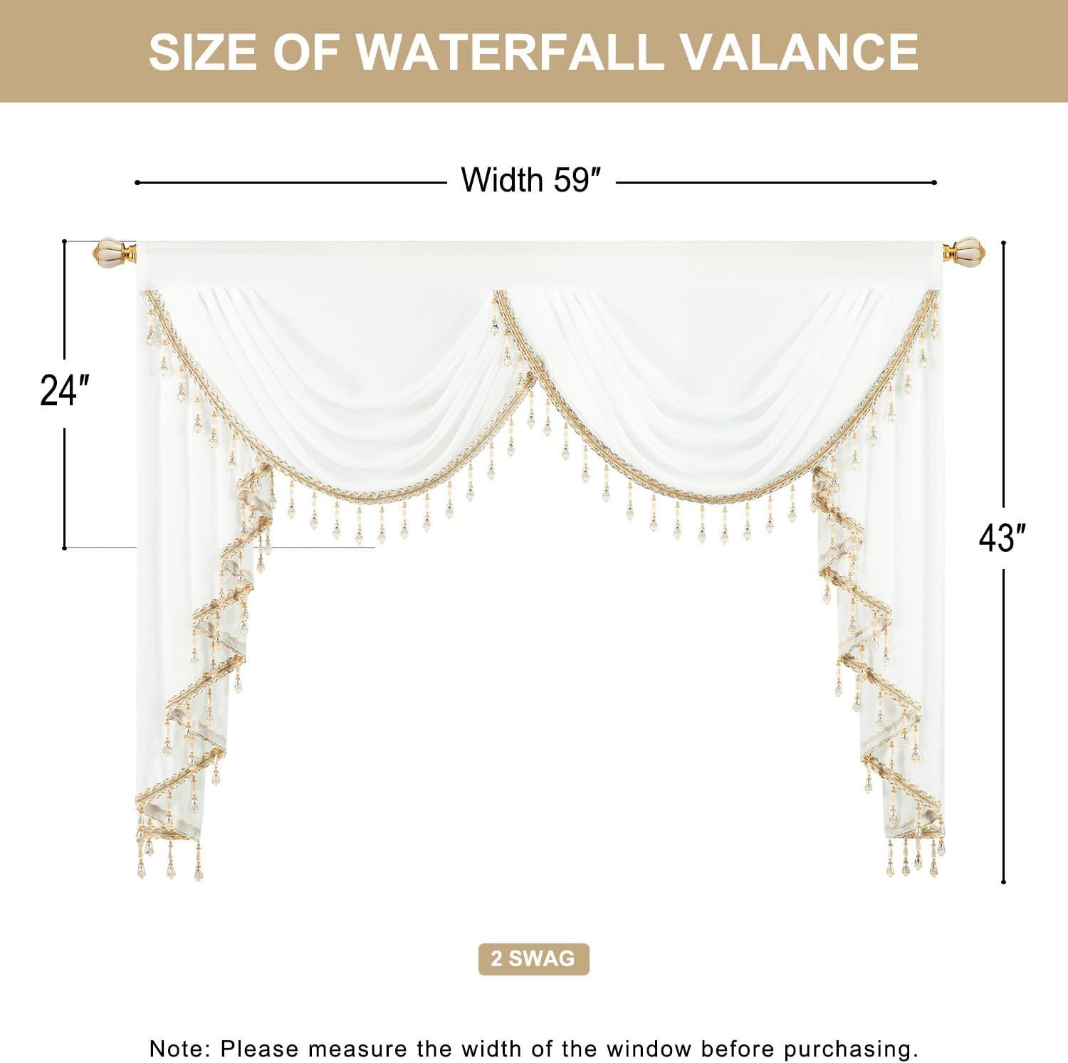 Charming White Sheer Waterfall Valance Curtains with Beaded Tassels, 59″ Wide