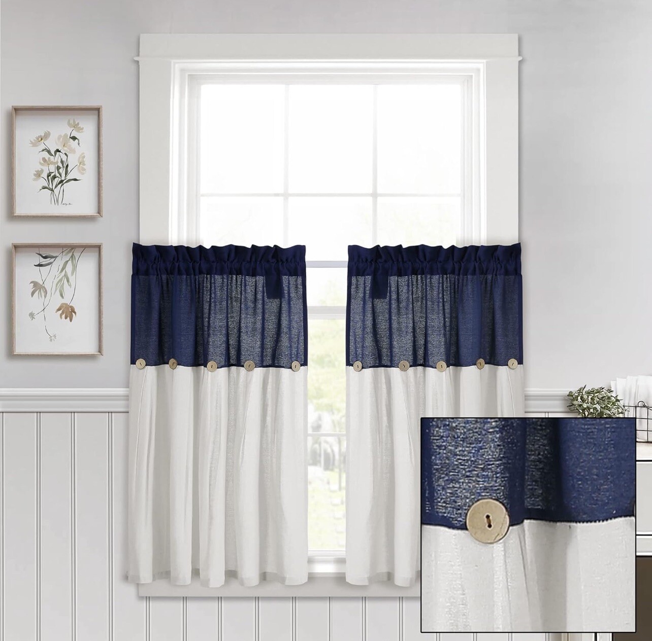 Lush Décor Two Kitchen Tiers Linen Button 29x36in Each Navy