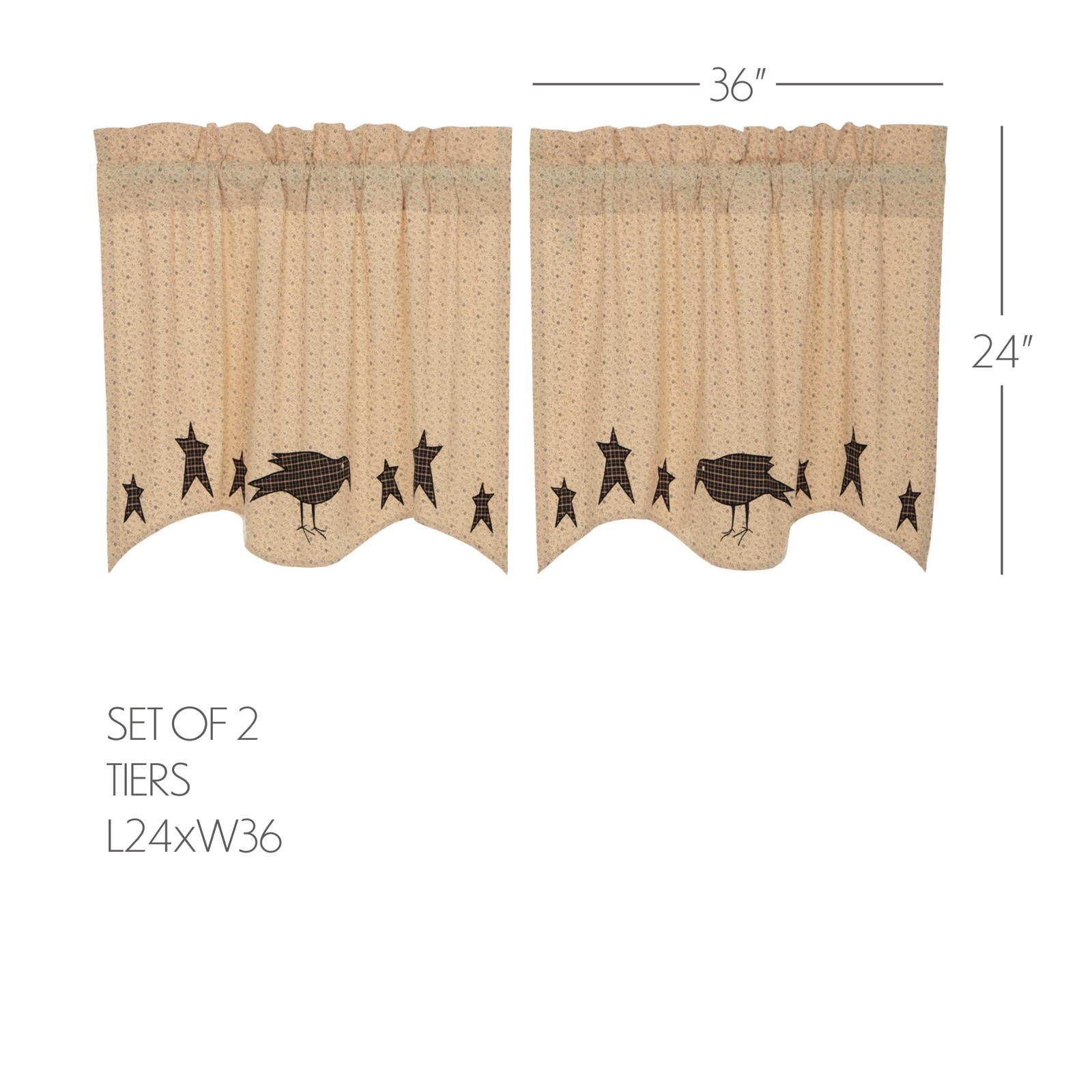 Primitive 24″x36″ Crow Star Tier Pair Tan Rod Kitchen Window Curtains VHC Brands