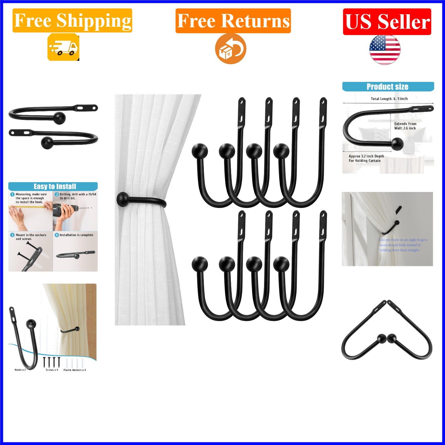 8pcs Black Wall Mount Curtain Tiebacks Aluminum Hooks, 6 inch